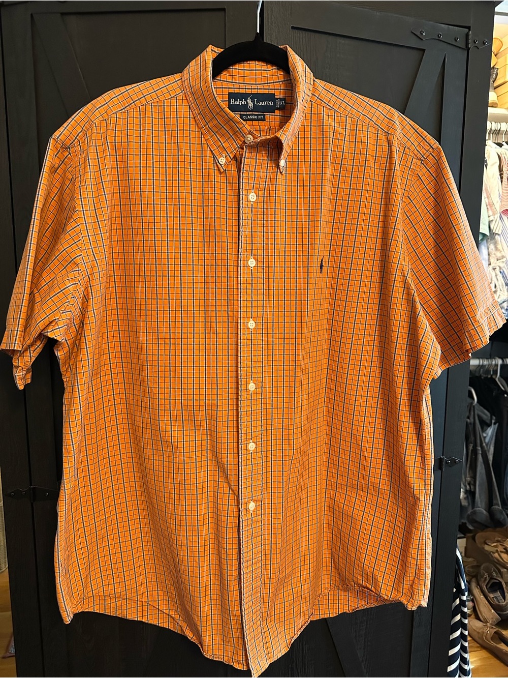 Ralph Lauren Men’s XL Orange and Navy Plaid Short Sleeve Button-Down Shirt